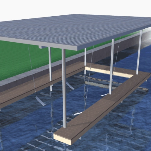 A 3D-rendered digital model of "The Cozumel" boat dock, showcasing a single-slip covered dock with a modern metal roof. The dock is supported by sturdy steel posts and features a wooden floating platform with boat lift straps suspended in the water.