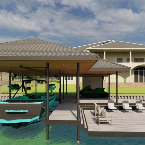 A 3D-rendered digital model of "The Tahiti" boat dock, featuring a spacious covered structure with a gabled roof. The dock includes a large boat slip, two personal watercraft (PWC) lifts, and an extended lounging area with seating, all set against a luxur