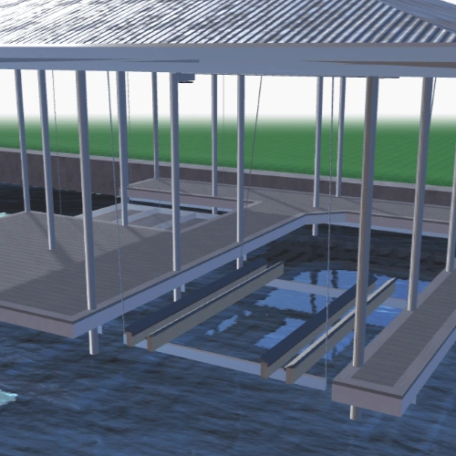 A detailed 3D model of The Tahiti dock, showcasing a dual-slip design with integrated boat lifts. The structure features a durable metal roof, multiple access points, and extended decking for additional leisure and utility space.